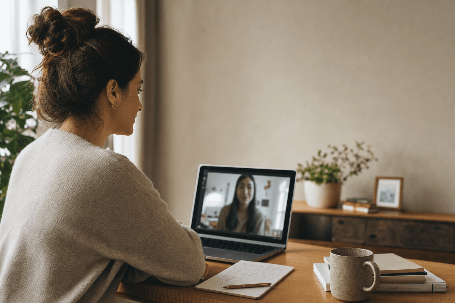 Online English lesson — student and teacher on a video call