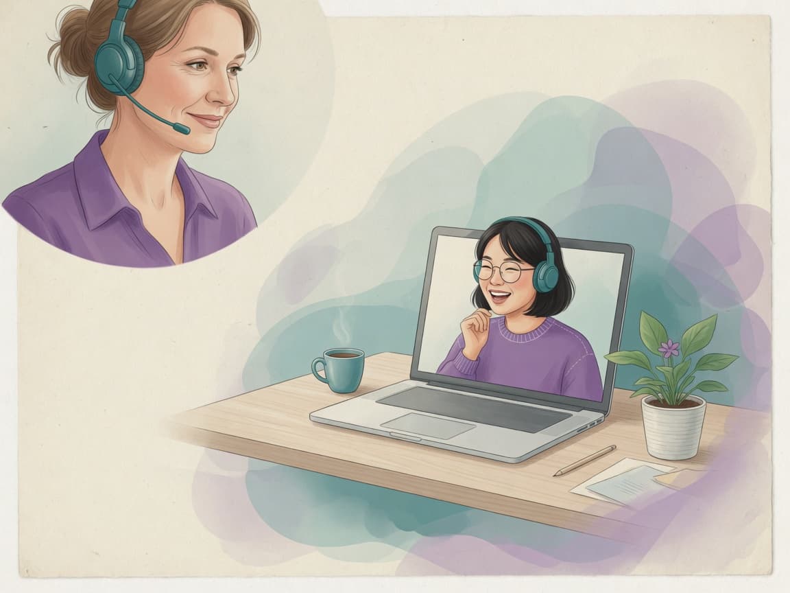 Learner practicing English speaking at home with headphones